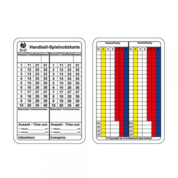 B+D Schiedsrichter Spielnotizkarten Handball - Deutsch 50 Stk