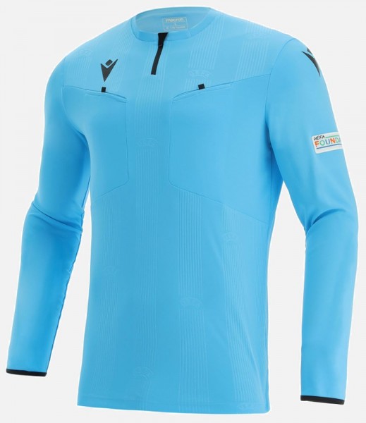 Macron Football Soccer UEFA 2021 Mens Referee Long Sleeve Shirt Jersey Neon Blue